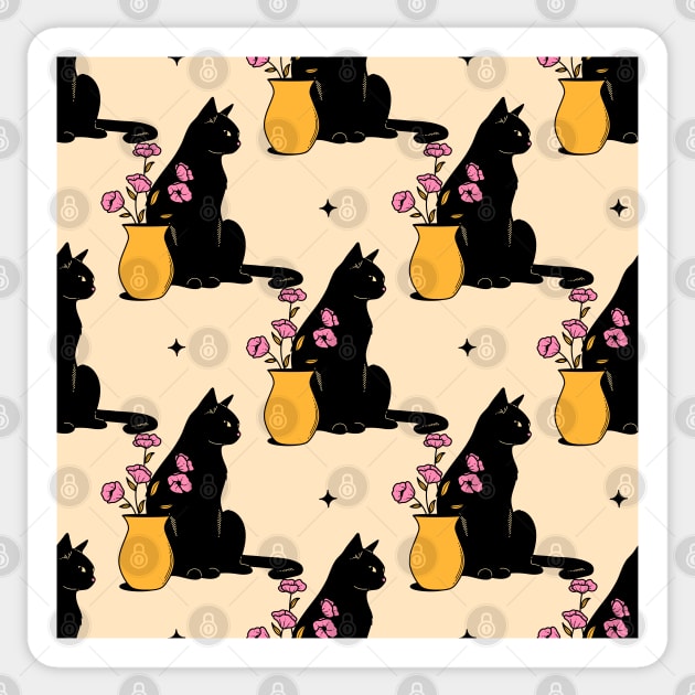 Playful Black Cat Pattern in beige Sticker by The Charcoal Cat Co.